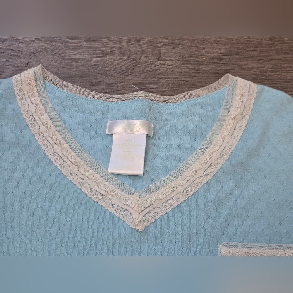 Secret Treasures Vintage Sleepwear Top Y2K Lace Mesh Lightweight Blue Coquette - Picture 3 of 8